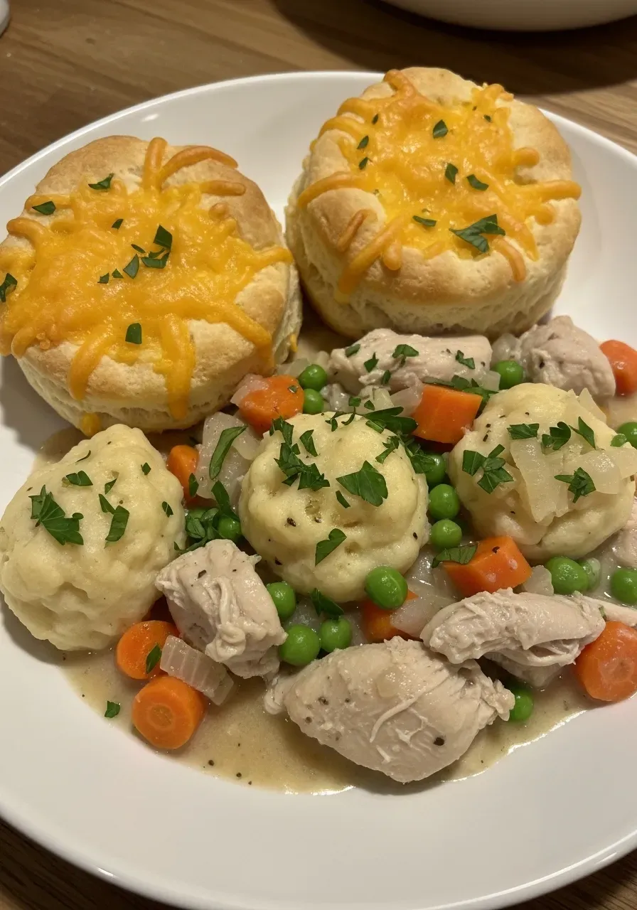 chicken and dumplings with cheddar bay biscuits