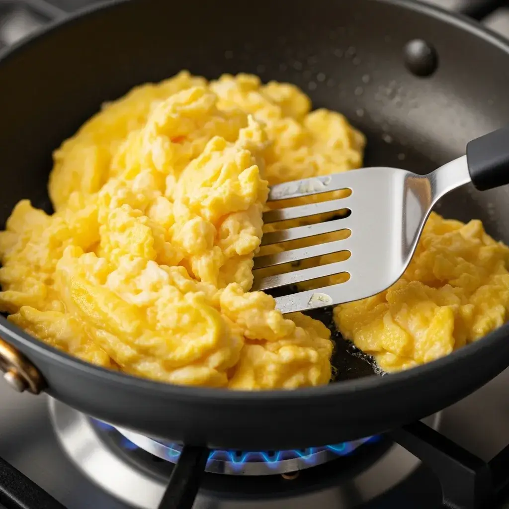 Creamy Cottage Cheese Scrambled Eggs 9 gently folding creamy scrambled eggs in a pan