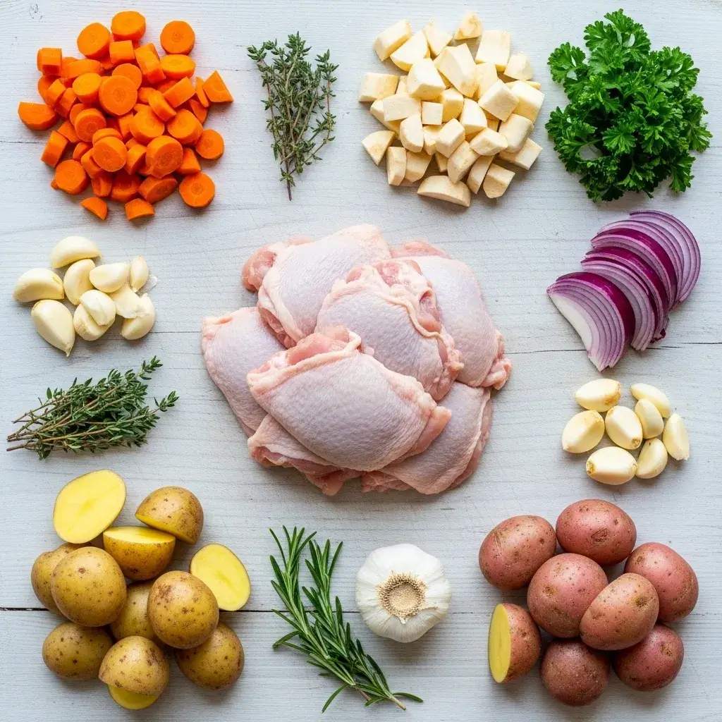 One-Pan Roasted Chicken & Root Vegetables 8 ingredients for one pan chicken and vegetables