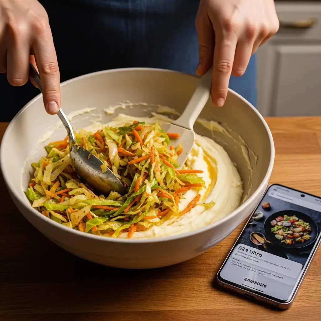 Rumbledethumps Recipe 11 mixing cabbage into mashed potatoes for rumbledethumps