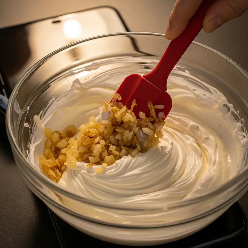 Classic Onion Dip (The Party Staple) 9 mixing caramelized onions into sour cream for dip
