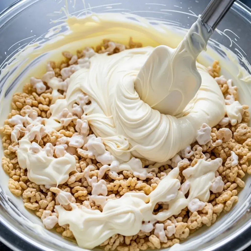 White Chocolate Rice Krispie Cakes 11 mixing white chocolate with rice cereal