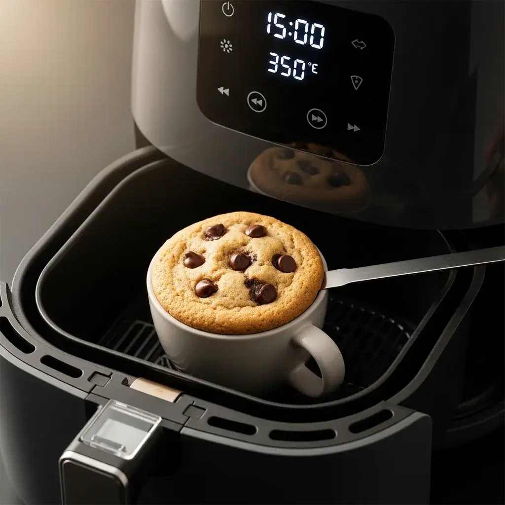 15-Minute Air Fryer Mug Cookie 12 placing mug cookie in air fryer