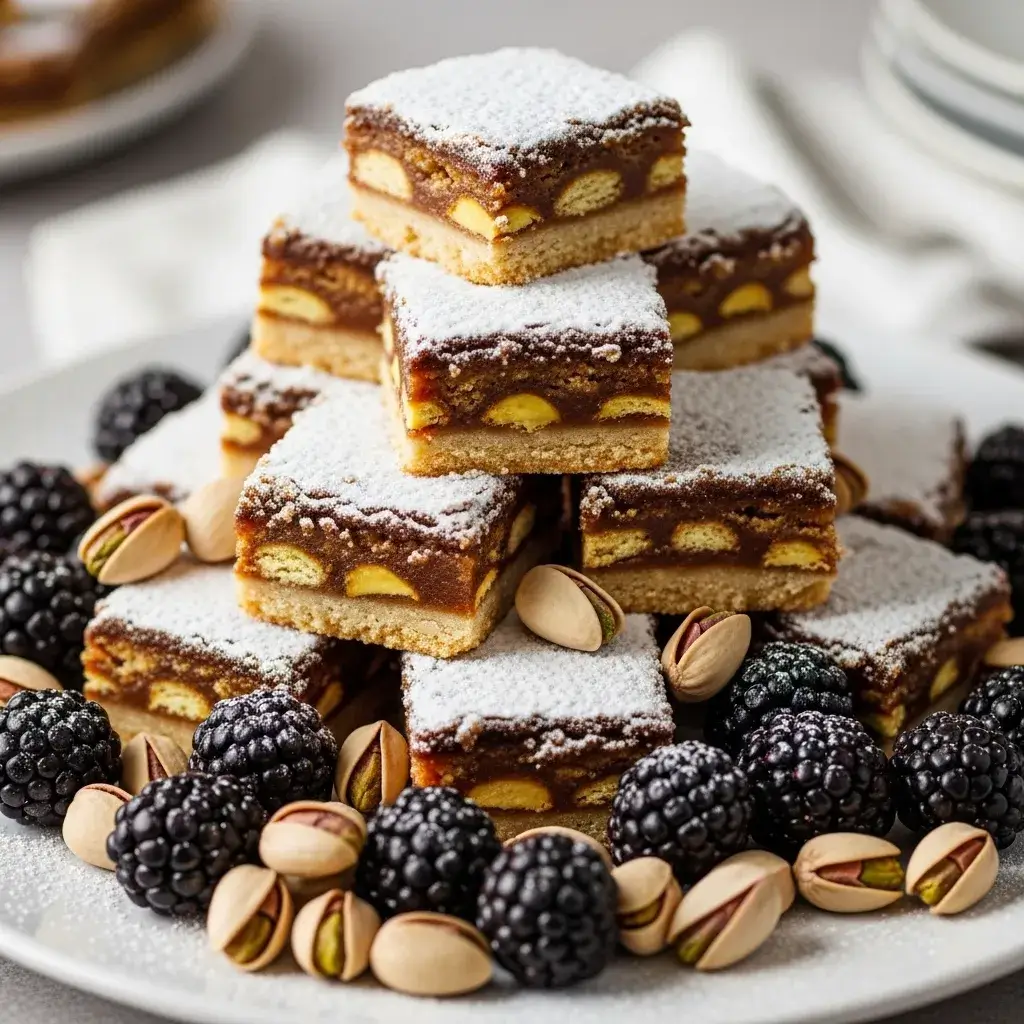 Blackberry Pistachio Dream Bars 12 serving platter of blackberry pistachio bars