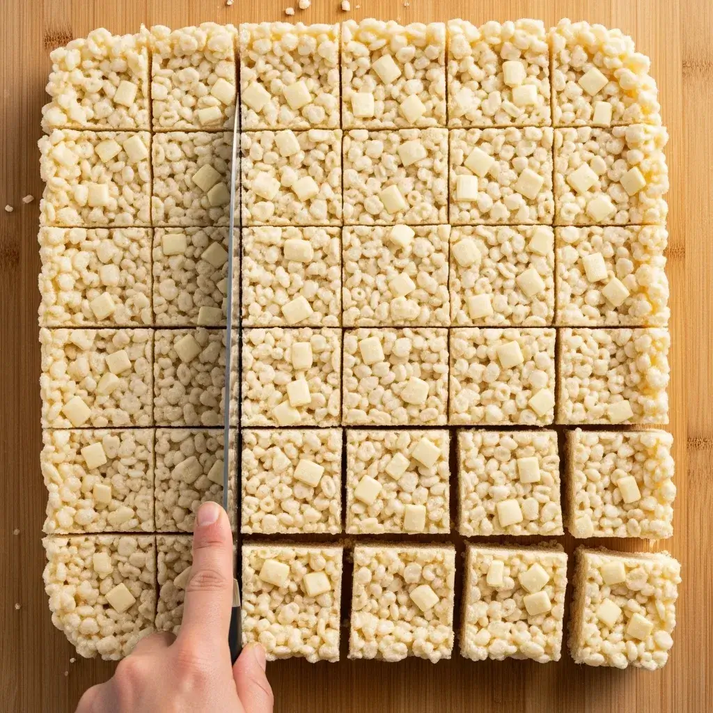 White Chocolate Rice Krispie Cakes 13 slicing white chocolate rice krispie cakes