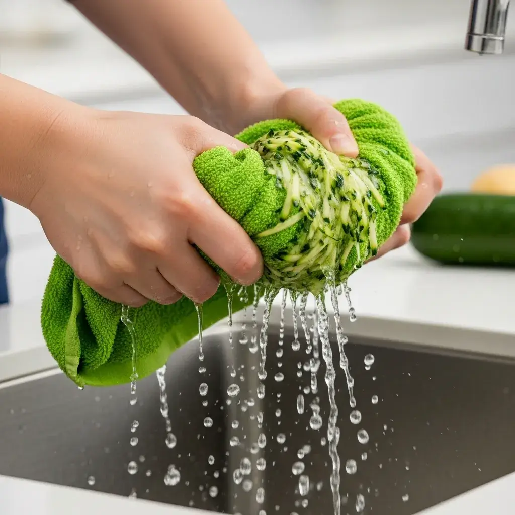 Healthy Zucchini Carrot Oatmeal Muffins 9 squeezing moisture from zucchini for muffins