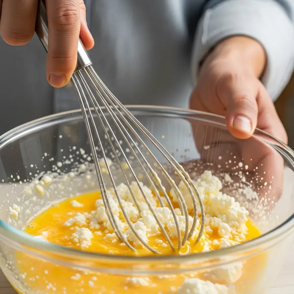 Creamy Cottage Cheese Scrambled Eggs 8 whisking eggs with cottage cheese