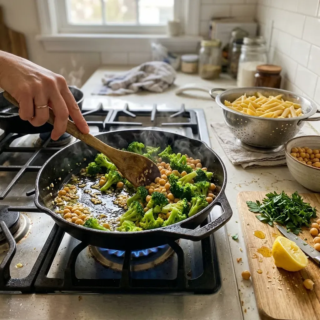 Broccoli Chickpea Pasta with Garlic Olive Oil