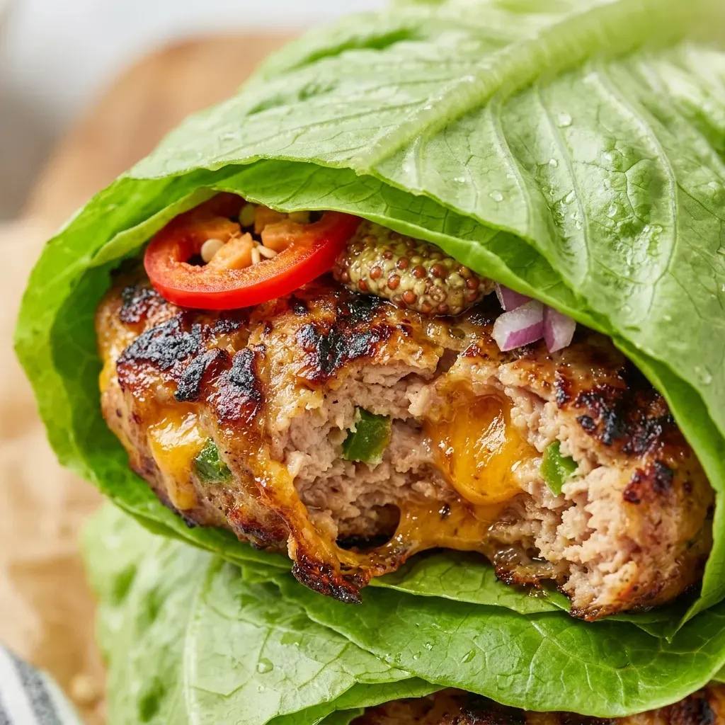 Lettuce Wrapped Grilled Jalapeño Cheddar Turkey Burgers