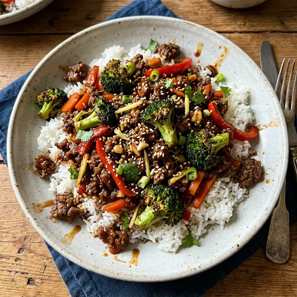 Spicy Ground Beef Stir-Fry Bowl with Garlic Veggies Delight
